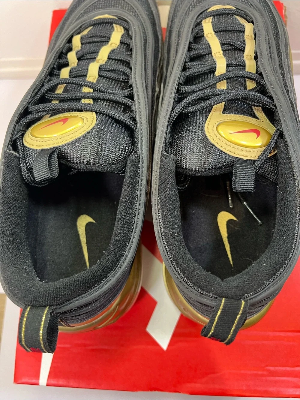 Nike Men's Air Max 97 Sneakers - Black, Gold & Red Swoosh